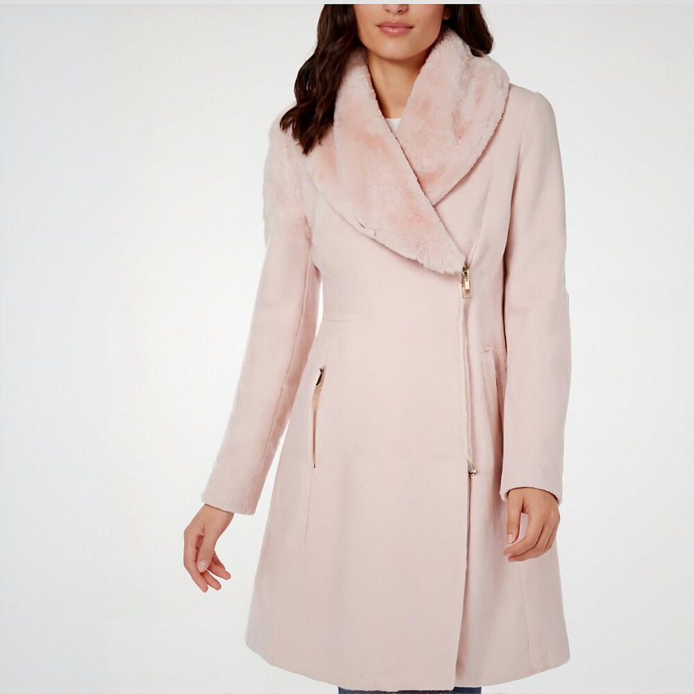 NWT - Plush INC Faux-Fur-Trim Asymmetrical Walker Coat - Pink - Small